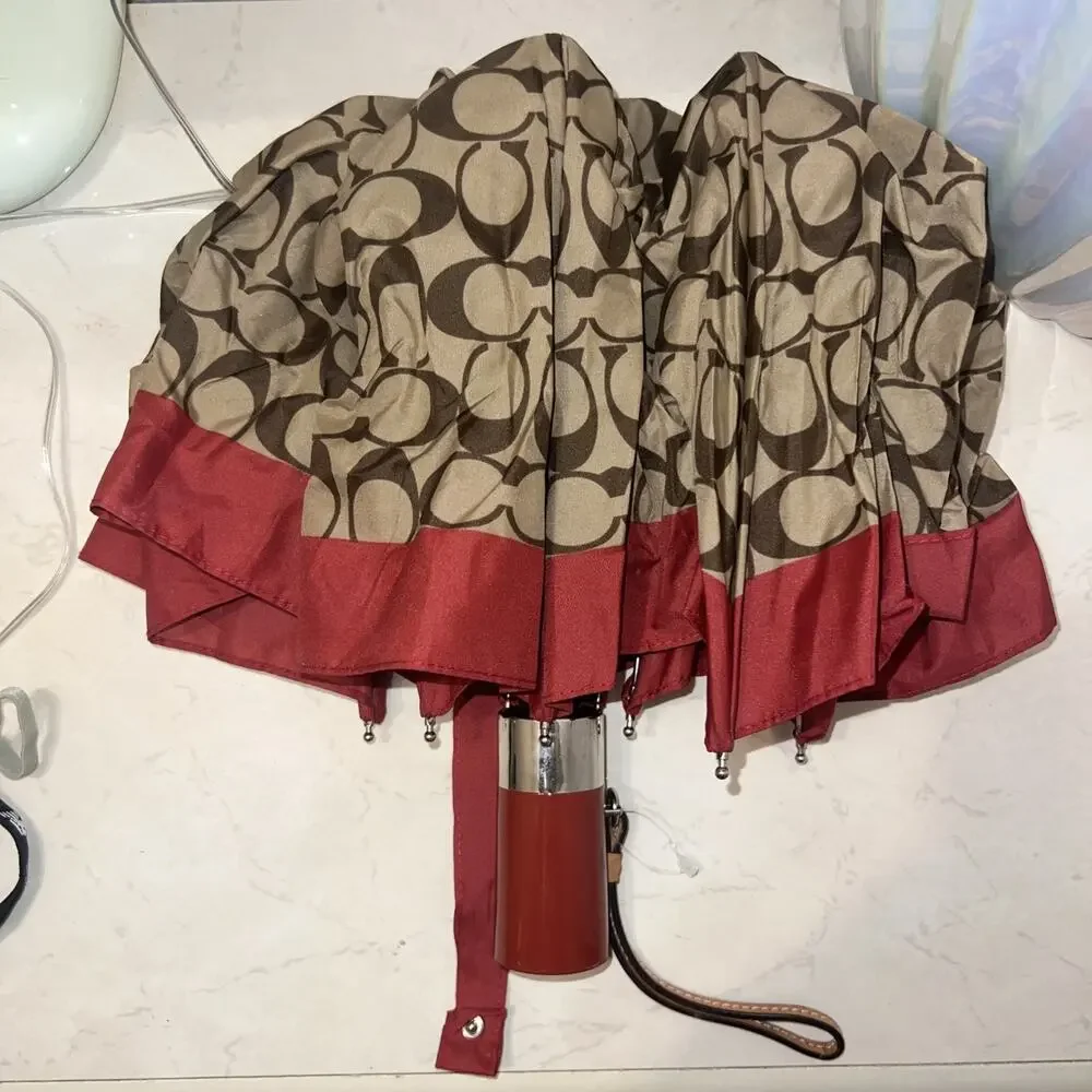 Authentic Coach Compact Unbrella - Tan & Red Signature Print